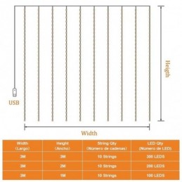 Guirnalda de luces LED con Control remoto para decoración navideña, cortina con USB para boda, lámpara de 3M para vacaciones, Bo